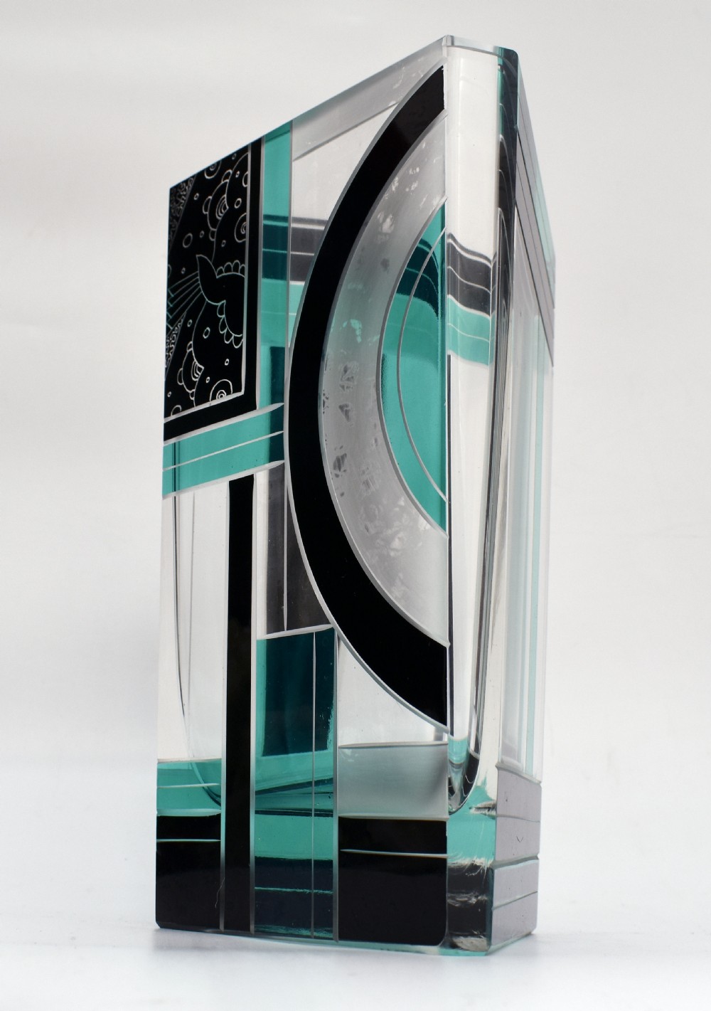 Art Deco Huge Cut Glass & Enamel Etched Vase, c1930 View III