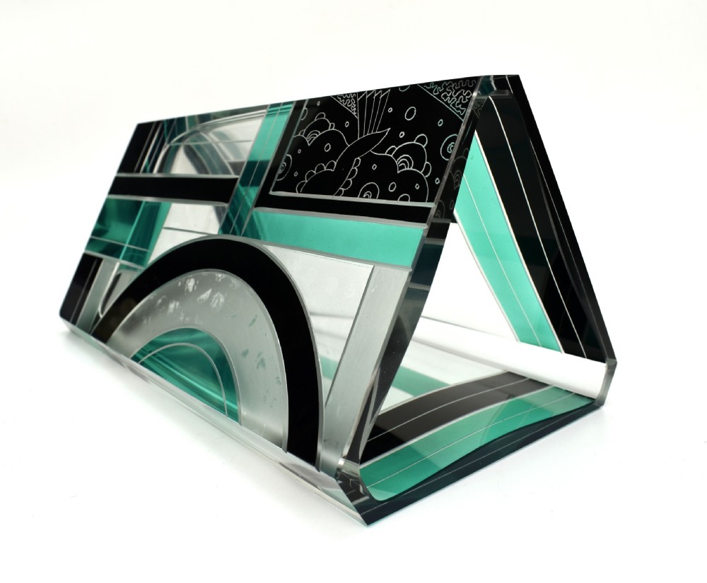 Art Deco Huge Cut Glass & Enamel Etched Vase, c1930 View IV