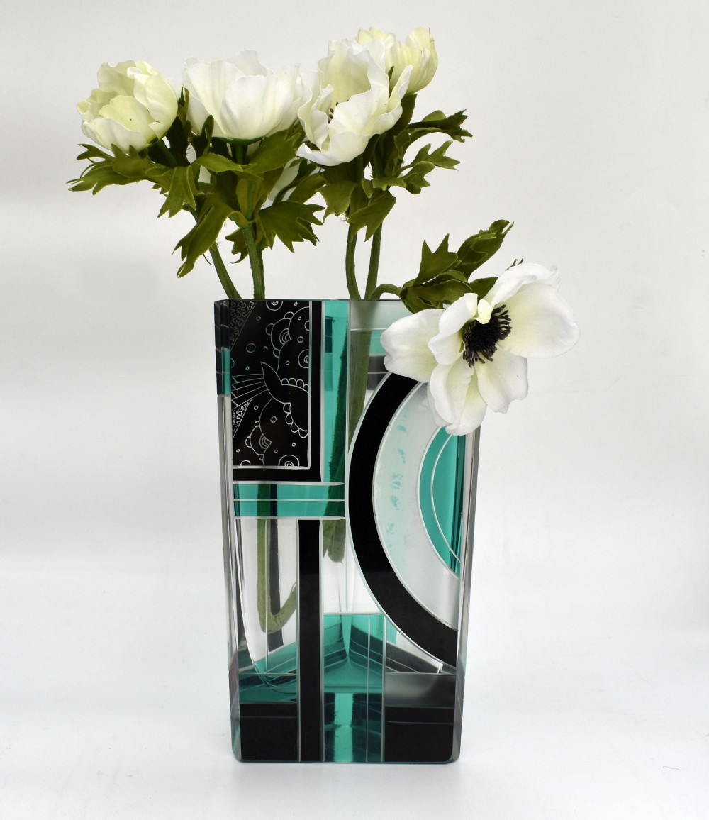 Art Deco Huge Cut Glass & Enamel Etched Vase, c1930 View VI