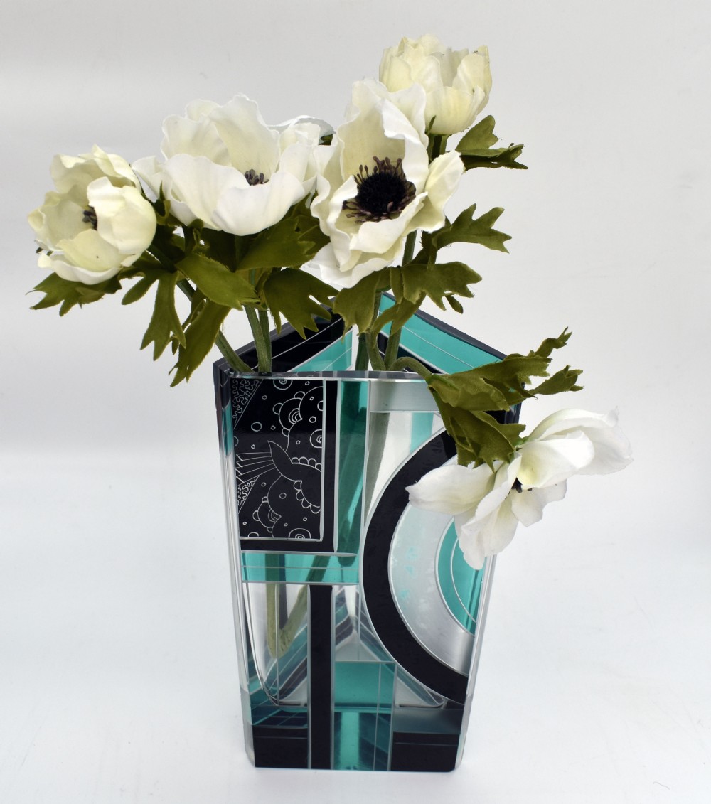 Art Deco Huge Cut Glass & Enamel Etched Vase, c1930 View VII