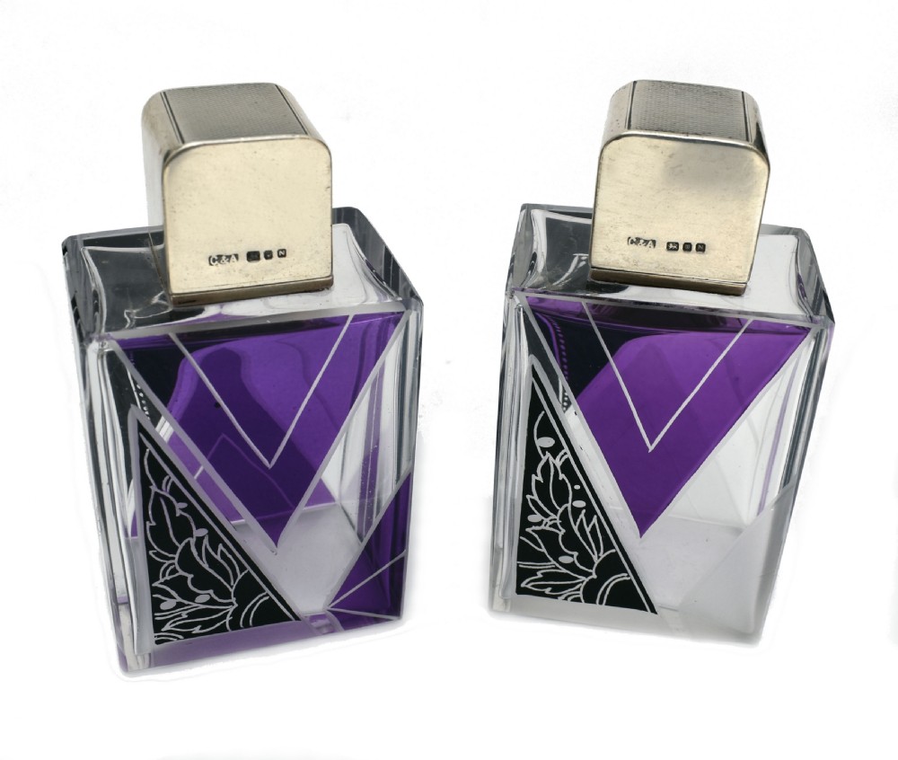 Art Deco Matching Gents Glass and Silver Cologne Bottles, circa 1930 View II