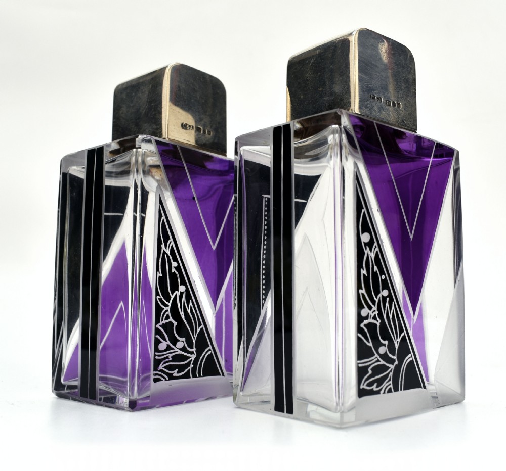 Art Deco Matching Gents Glass and Silver Cologne Bottles, circa 1930 View IV