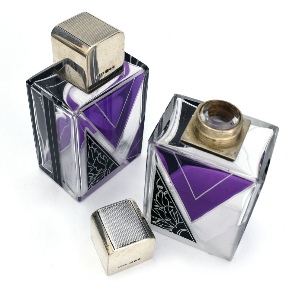 Art Deco Matching Gents Glass and Silver Cologne Bottles, circa 1930 View V