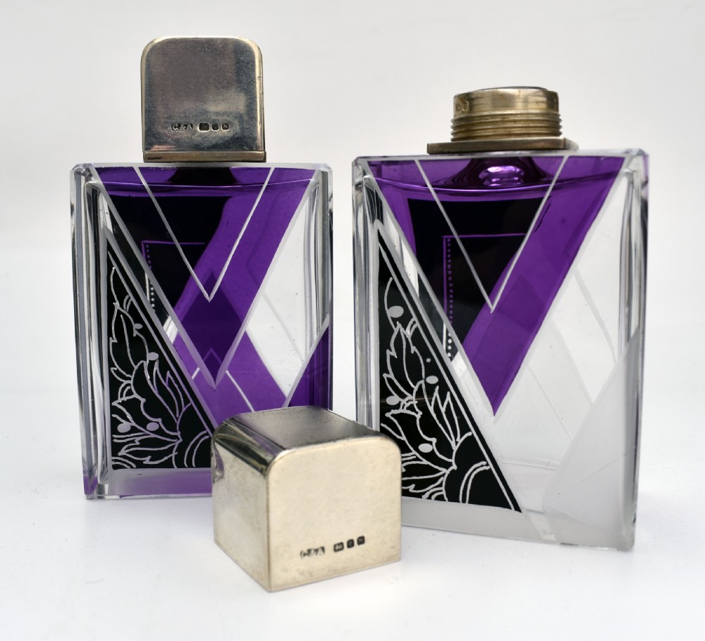 Art Deco Matching Gents Glass and Silver Cologne Bottles, circa 1930 View VI