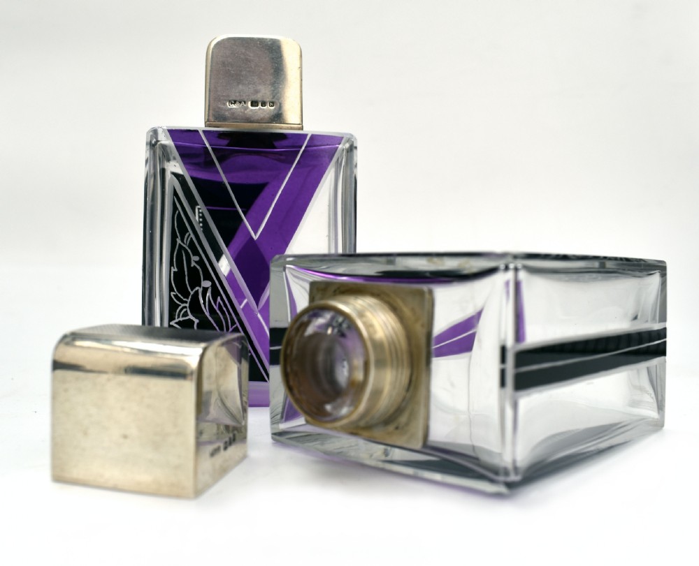 Art Deco Matching Gents Glass and Silver Cologne Bottles, circa 1930 View IX