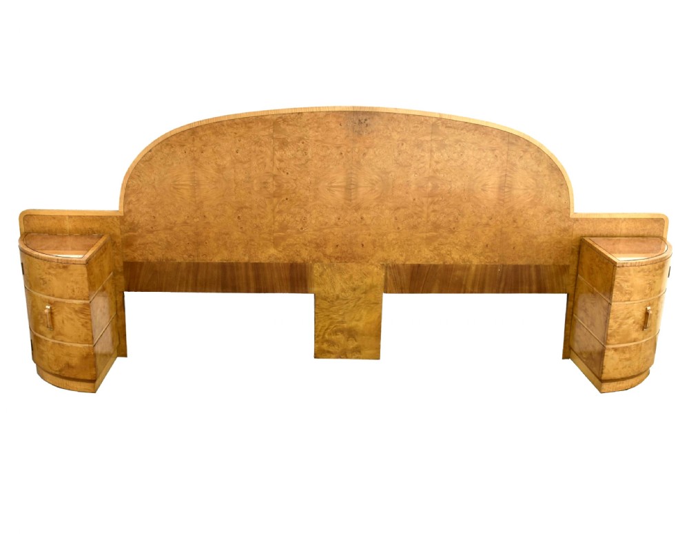 Art Deco Blonde Maple King Size Bed with Cabinets, c1930