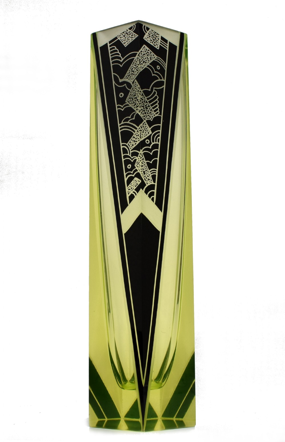 Art Deco Tall Uranium Glass Vase By Karl Palda, c1930