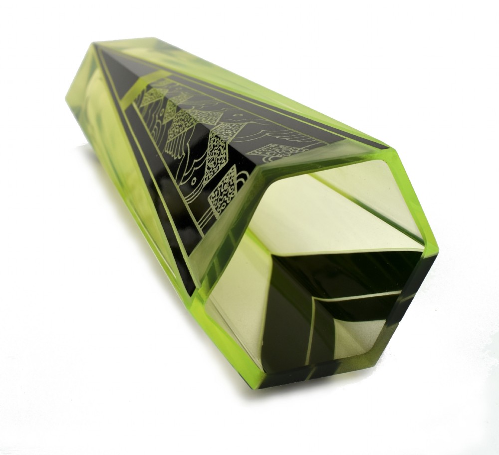 Art Deco Tall Uranium Glass Vase By Karl Palda, c1930 View VIII