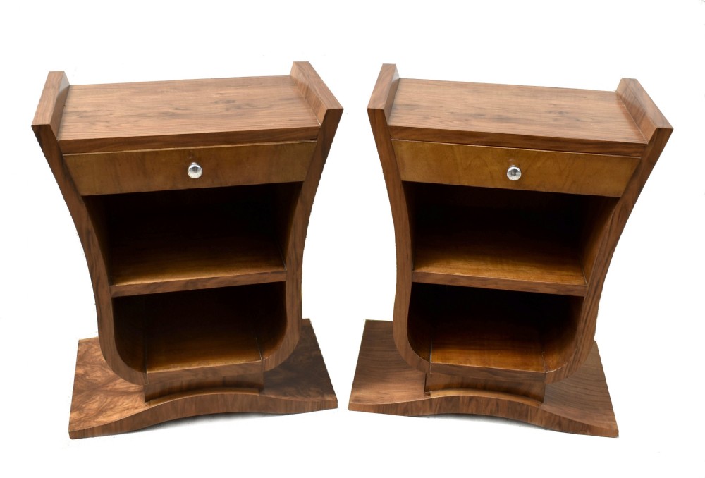 Art Deco Pair Of French Walnut Bedside Tables, c1930