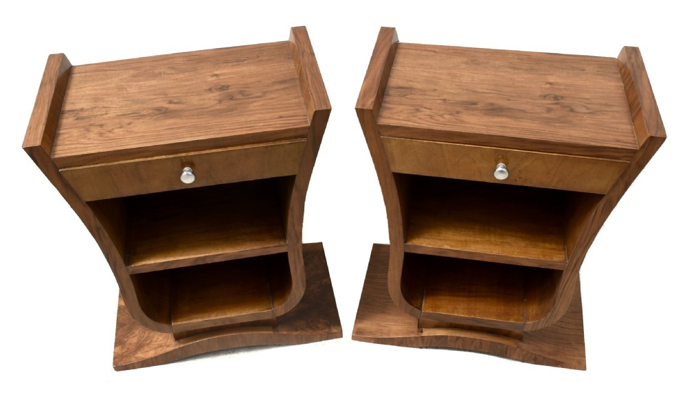 Art Deco Pair Of French Walnut Bedside Tables, c1930 View II