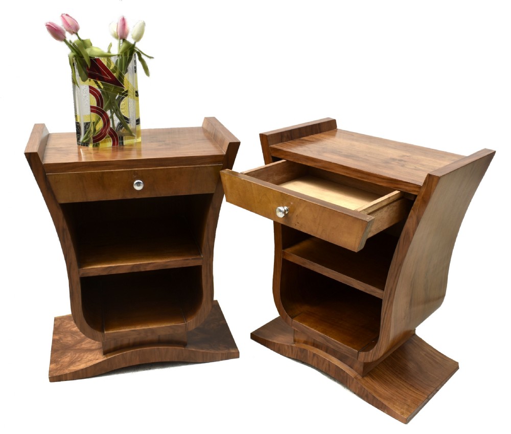 Art Deco Pair Of French Walnut Bedside Tables, c1930 View III