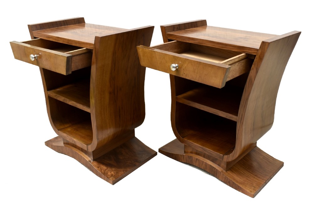 Art Deco Pair Of French Walnut Bedside Tables, c1930 View IV