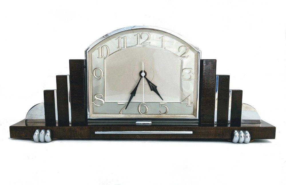 Art Deco Chrome & Walnut Mantle Clock, c1930