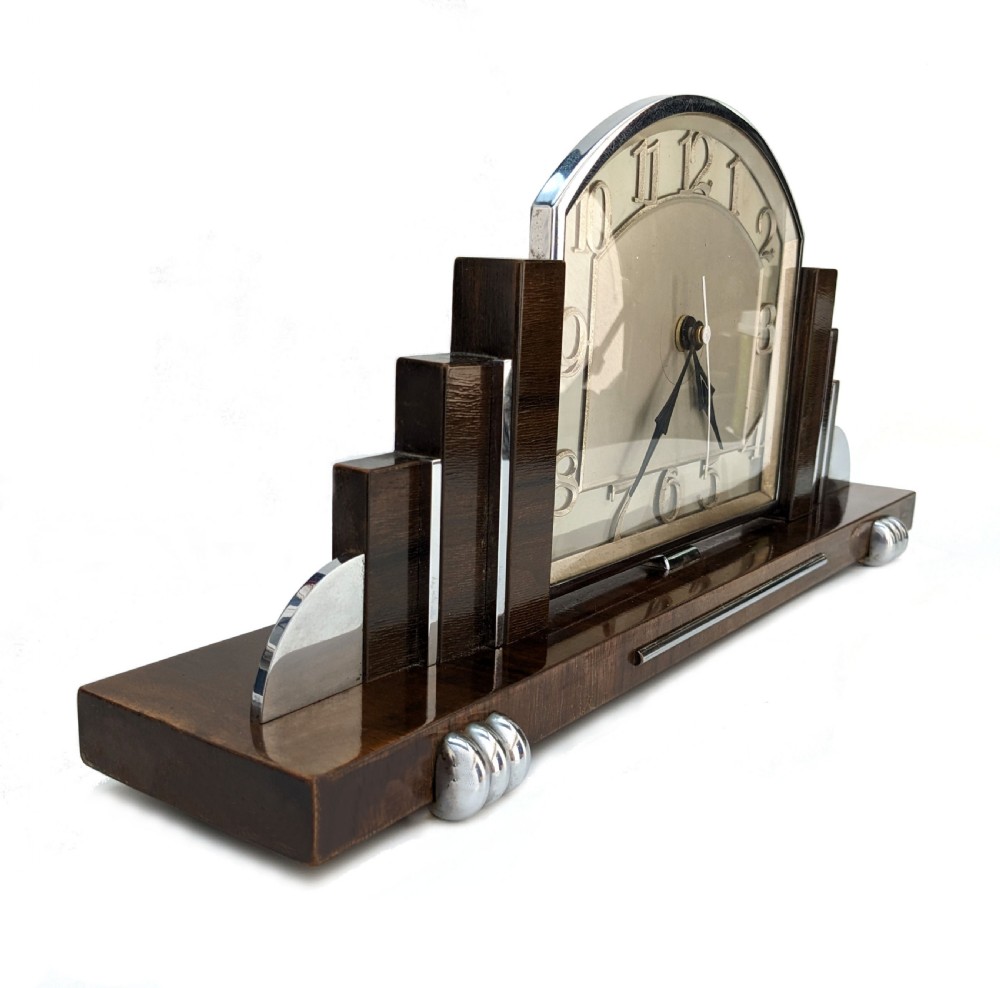 Art Deco Chrome & Walnut Mantle Clock, c1930 View II