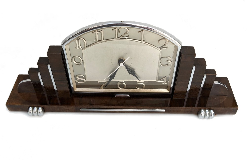 Art Deco Chrome & Walnut Mantle Clock, c1930 View IV