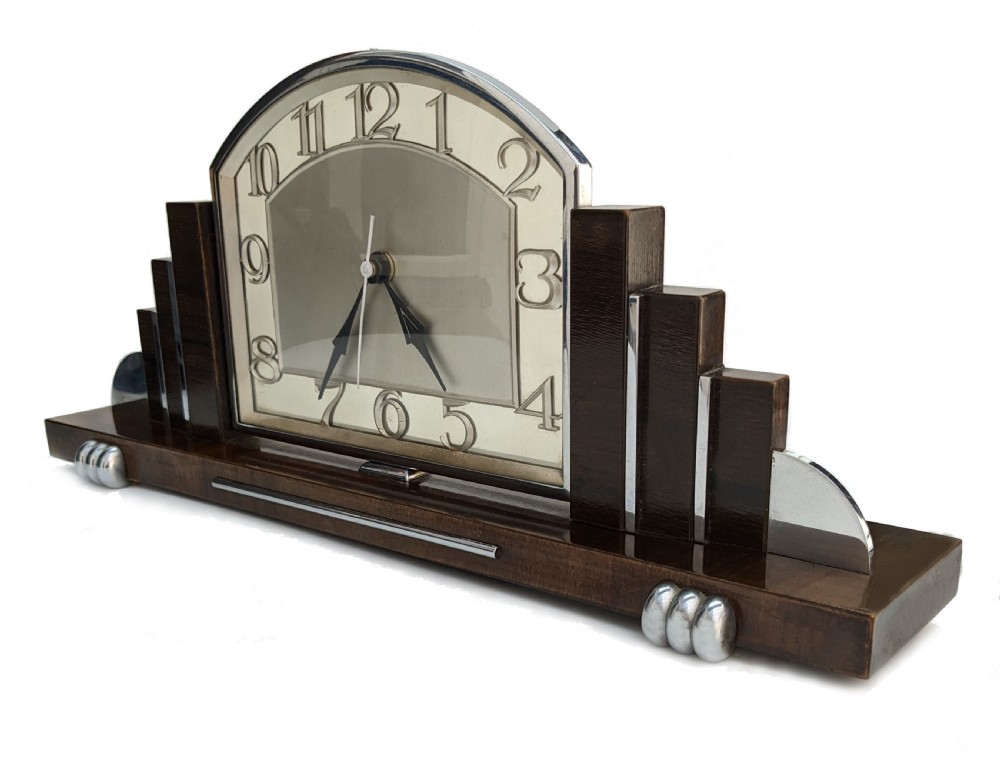 Art Deco Chrome & Walnut Mantle Clock, c1930 View VII