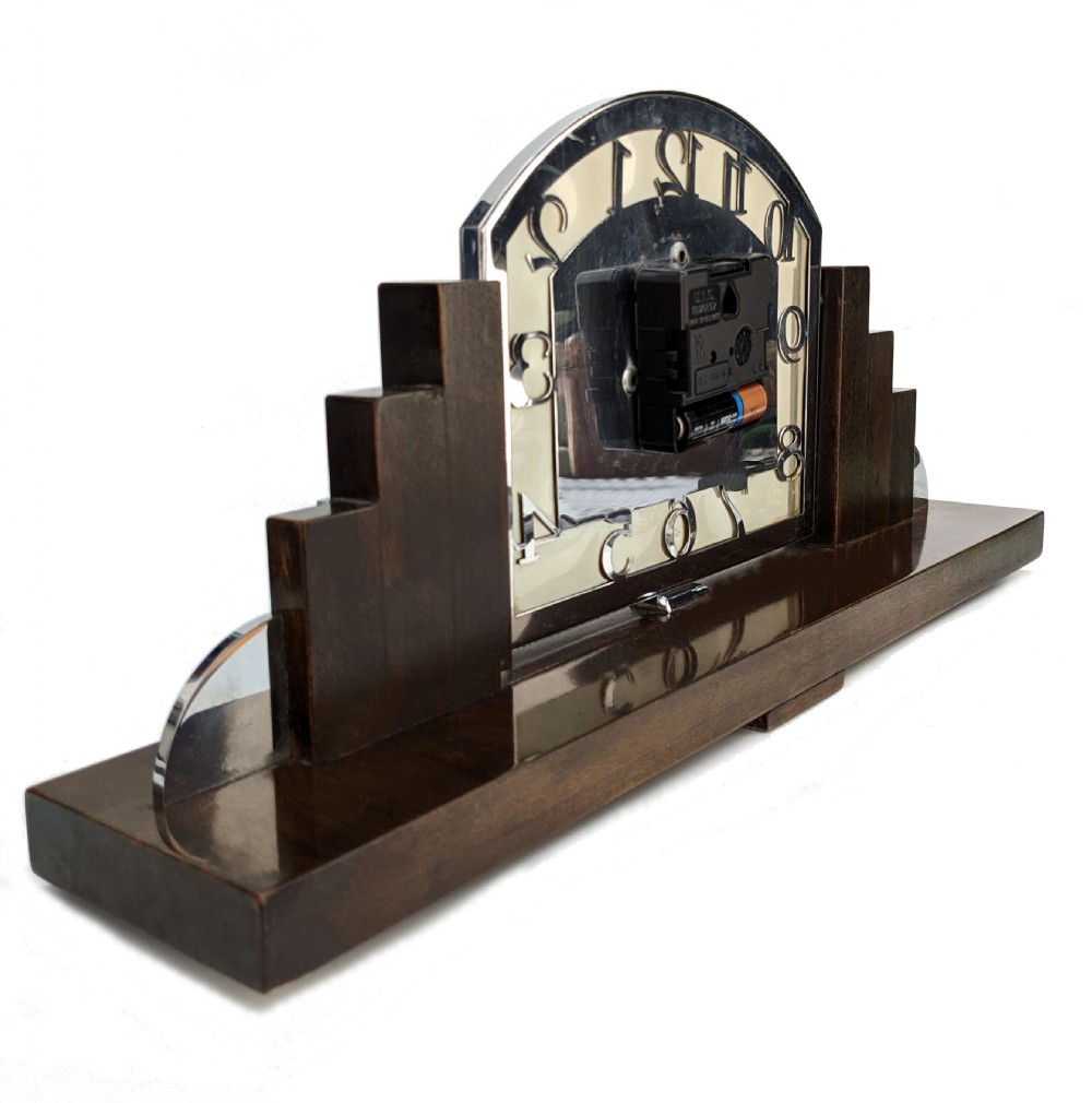 Art Deco Chrome & Walnut Mantle Clock, c1930 View VIII