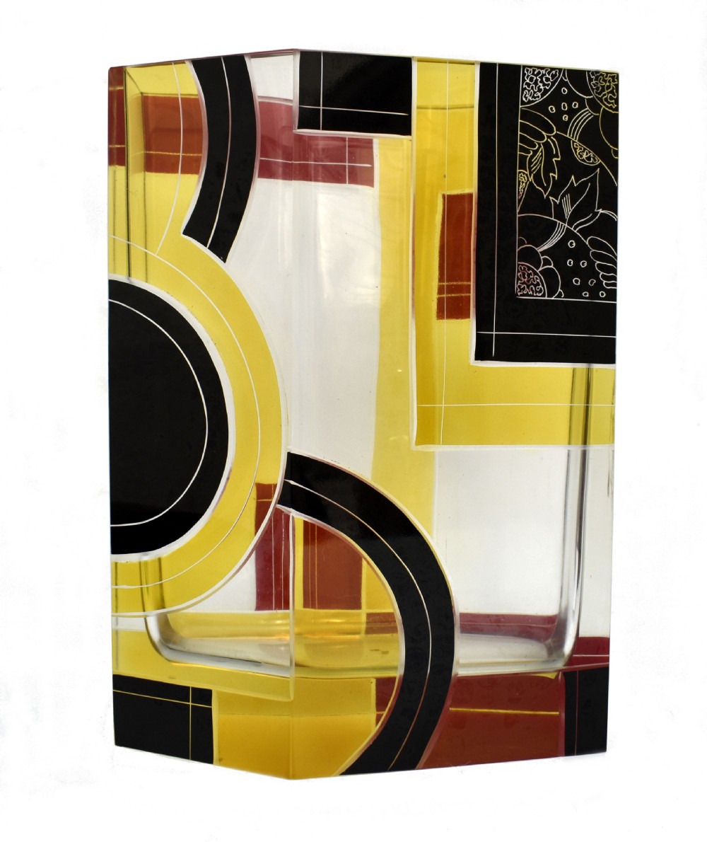 Art Deco Huge Glass & Enamel Etched Vase, Czech Republic, C1930