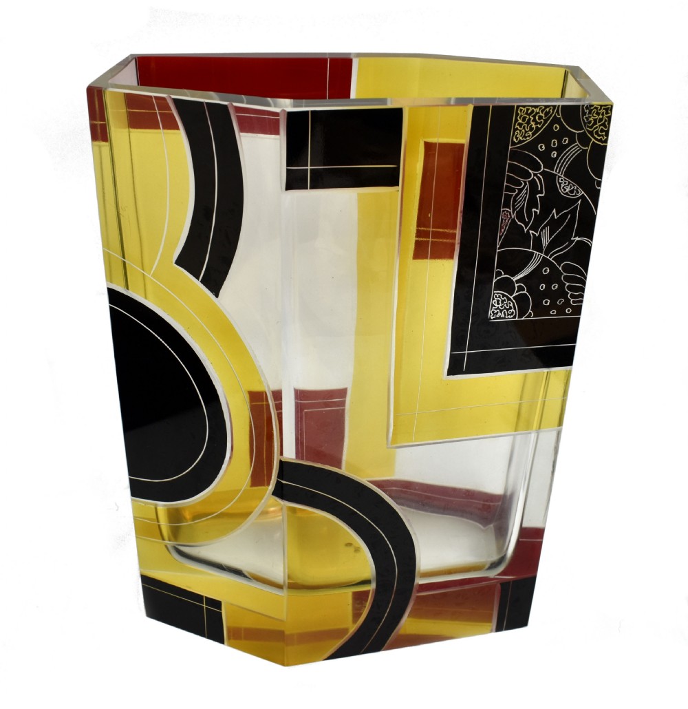 Art Deco Huge Glass & Enamel Etched Vase, Czech Republic, C1930 View II