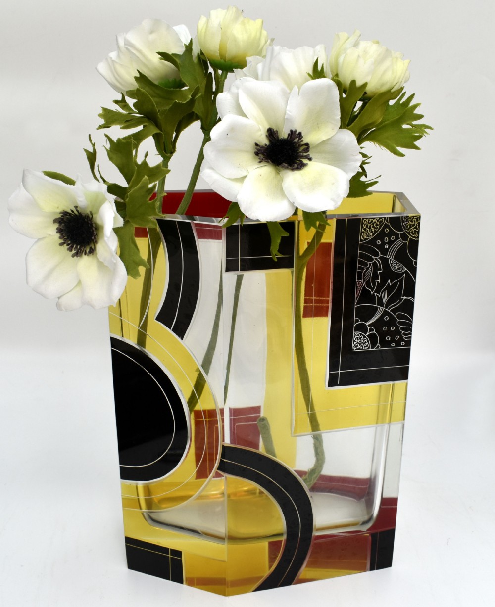 Art Deco Huge Glass & Enamel Etched Vase, Czech Republic, C1930 View VIII