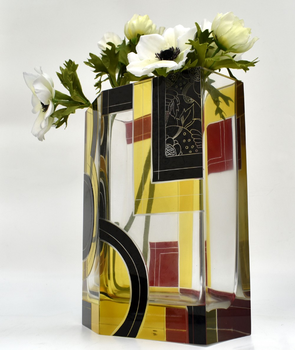 Art Deco Huge Glass & Enamel Etched Vase, Czech Republic, C1930 View X