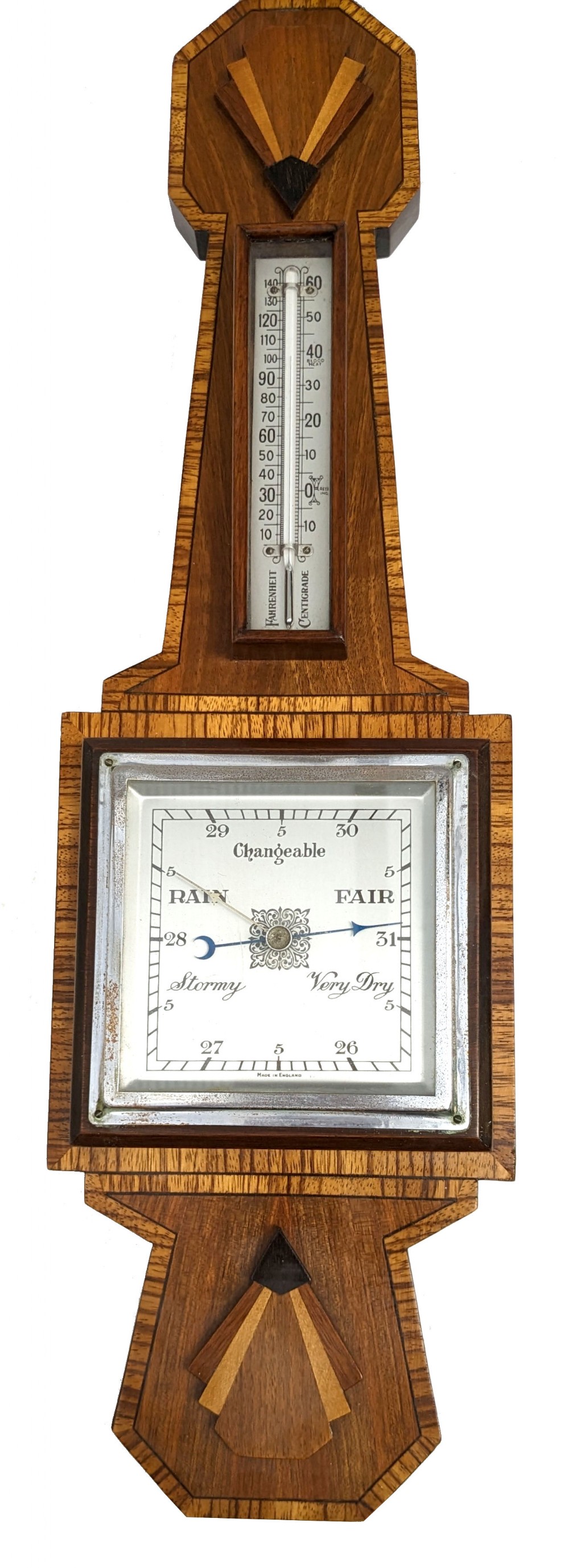 Art Deco Iconic Shaped Barometer / Aneroid Thermometer, English, c1930