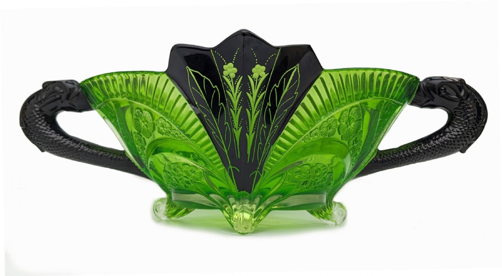 Art Deco Uranium Glass & Enamel Bowl By Karl Palda, c1930