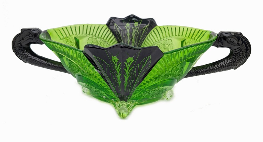 Art Deco Uranium Glass & Enamel Bowl By Karl Palda, c1930 View III