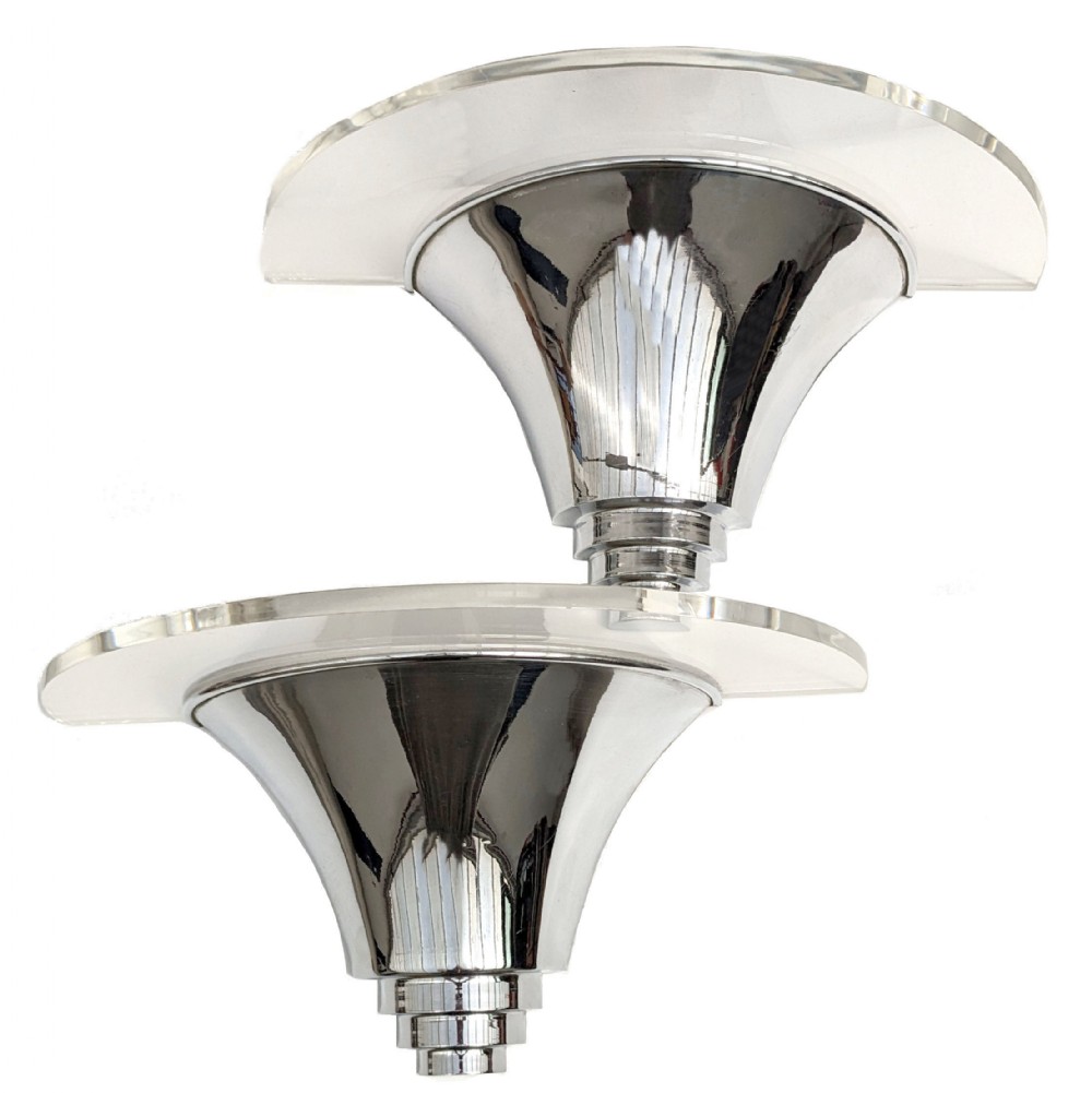 Art Deco Pair of Trumpet Chrome & Acrylic Wall Light Sconces, circa 1930