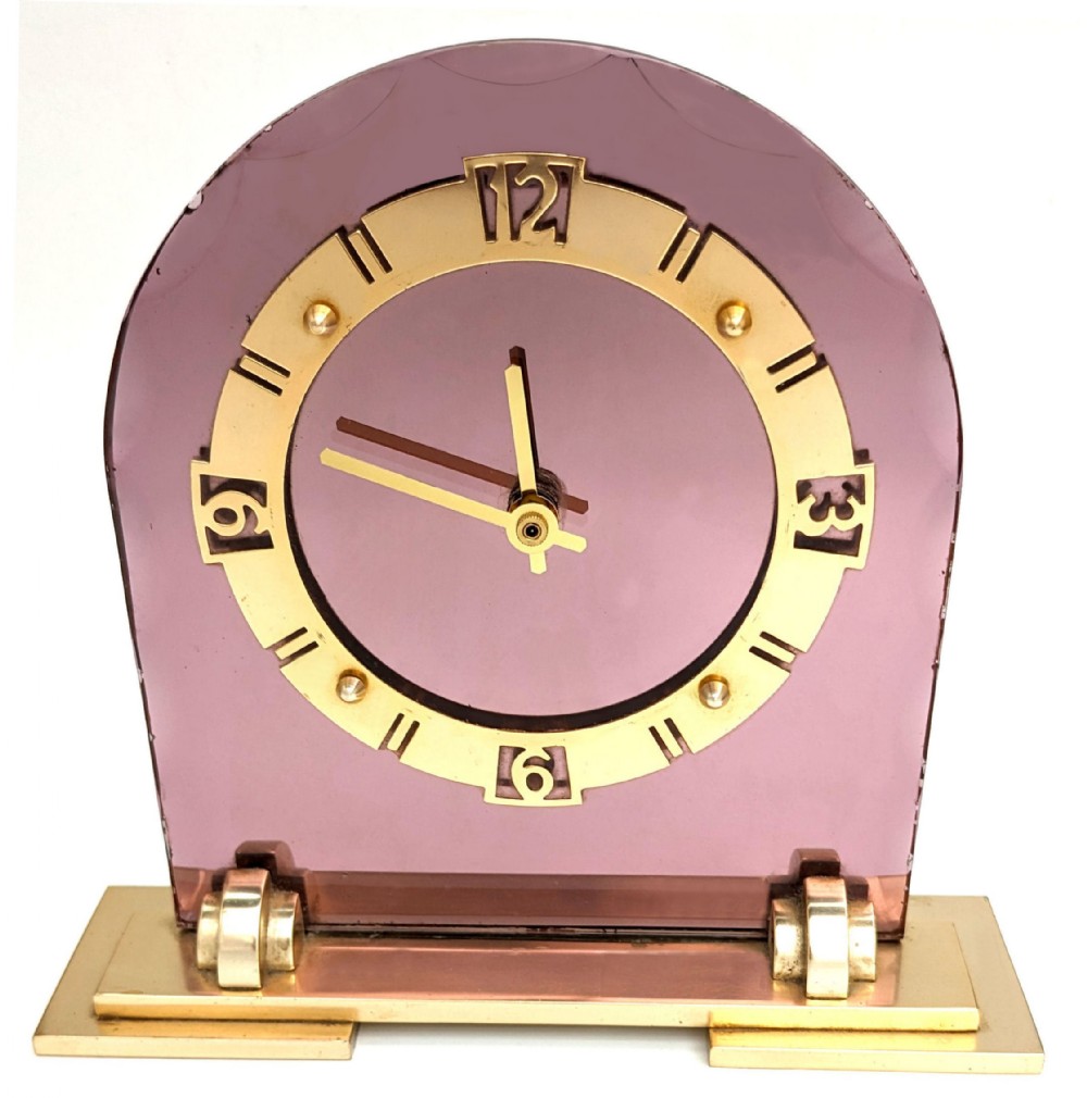 Art Deco Pink Mirror Glass & Brass Clock, English, c1930