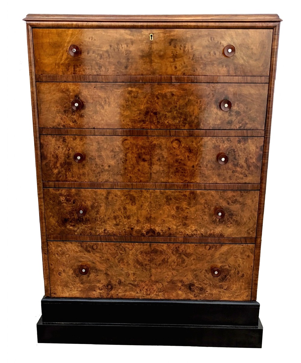 Art Deco High Quality Burr Walnut Chest Of Five Drawers, English, c1930's