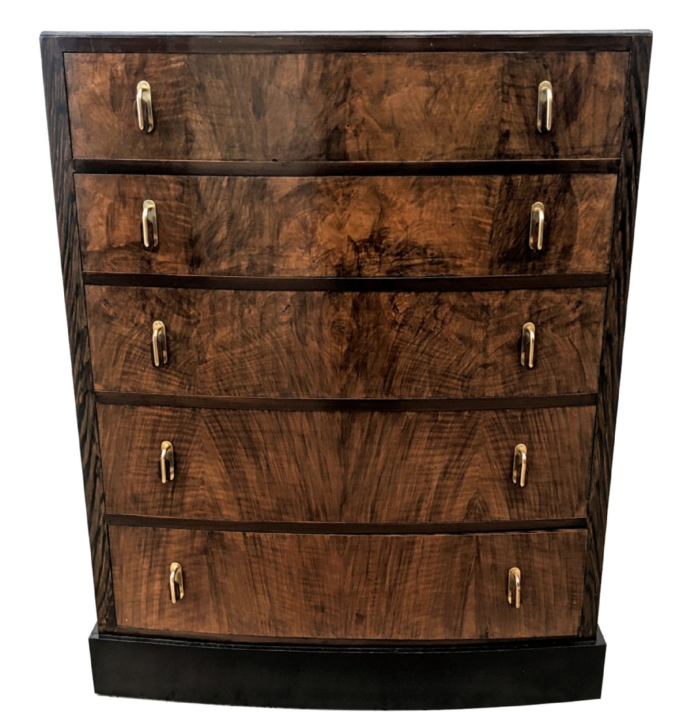 Art Deco Bow Fronted Walnut Chest Of Five Drawers, English, c1930's