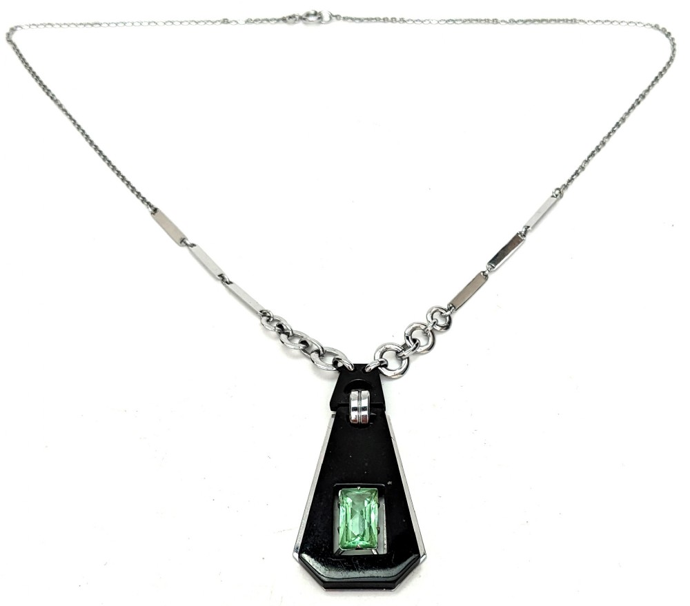 Art Deco Modernist Glass & Black Galalith Ladies Necklace, c1930