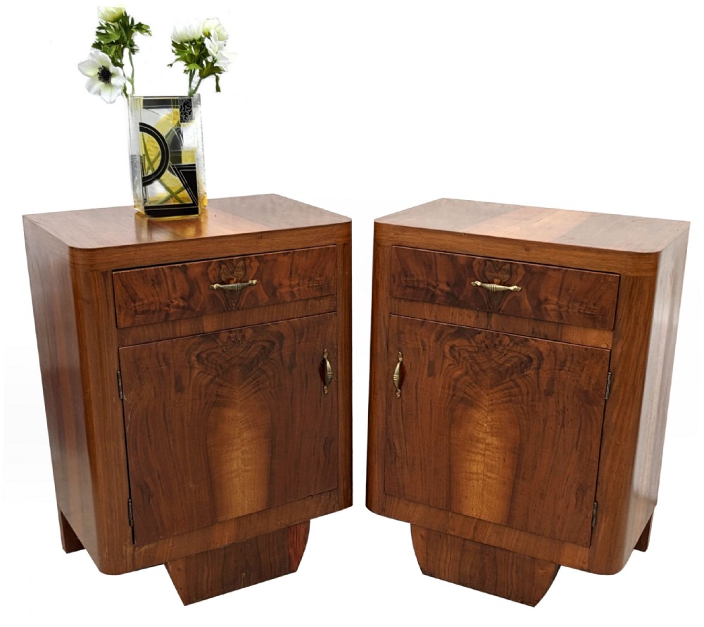 Art Deco Italian Matching Pair Of Walnut Bedside Cabinets, c1930
