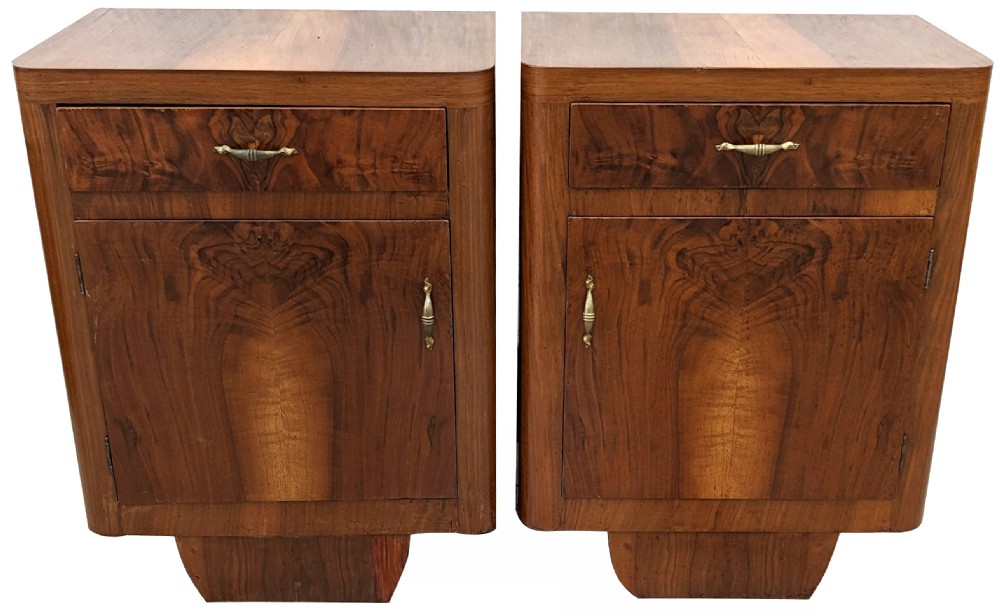 Art Deco Italian Matching Pair Of Walnut Bedside Cabinets, c1930 View II