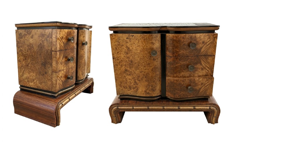 Art Deco Italian Pair of Matching Bedside Cabinets in Walnut, c1930