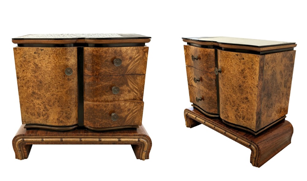 Art Deco Italian Pair of Matching Bedside Cabinets in Walnut, c1930 View V
