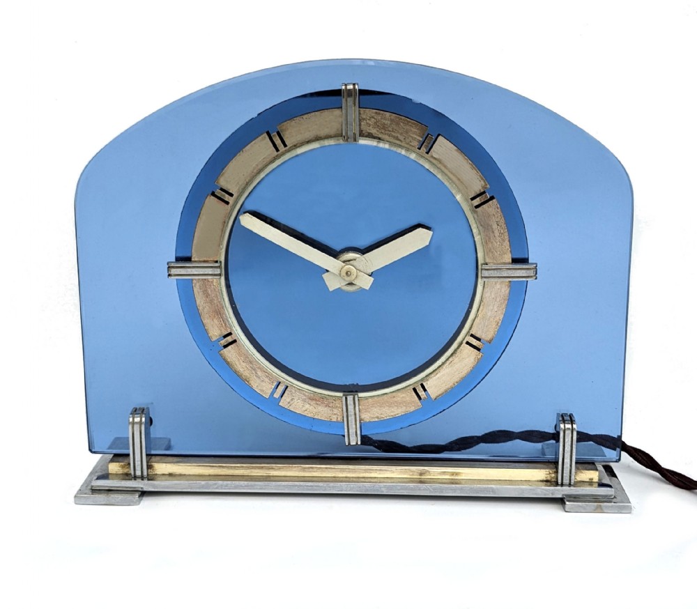 Art Deco Smiths Blue Glass, Brass Electric Mantle Clock, c1930