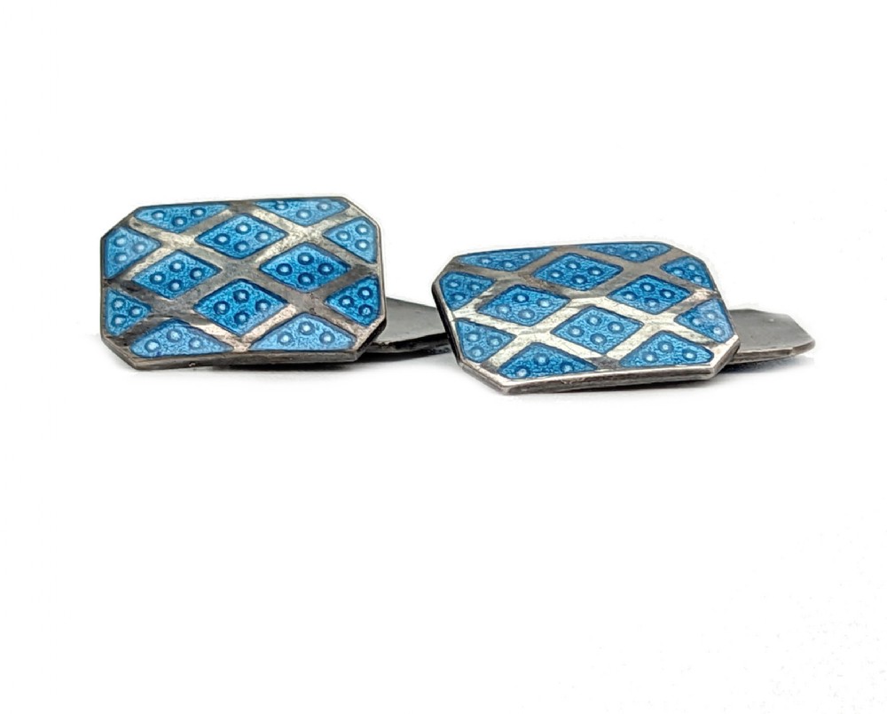 Art Deco Original Gentleman's Blue Enamel & Silver Cufflinks, English, C1930