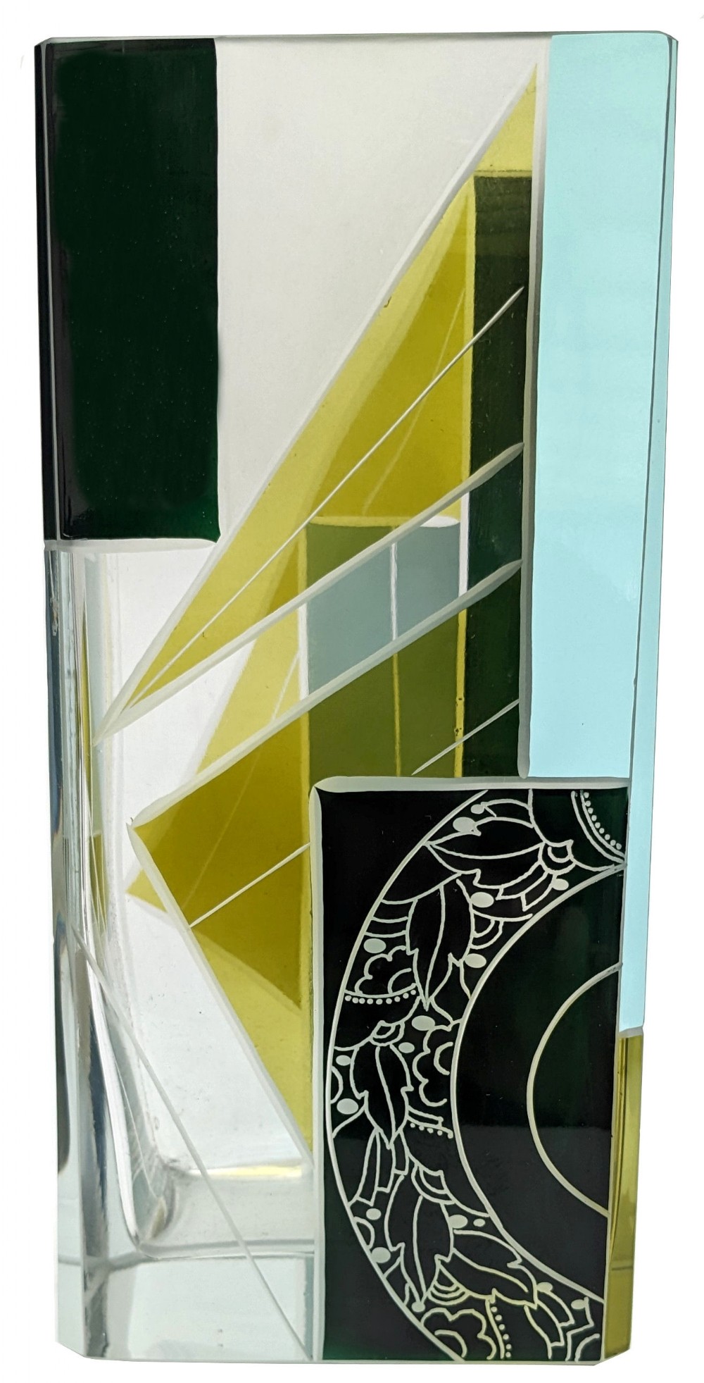 Art Deco Tall Glass & Enamel Etched Vase By Karl Palda, Czech Republic, C1930