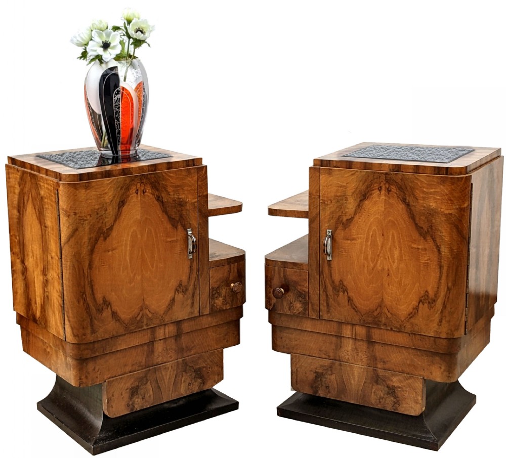 Art Deco Spectacular Pair of Italian Walnut Bedside Table Nightstands, c1930