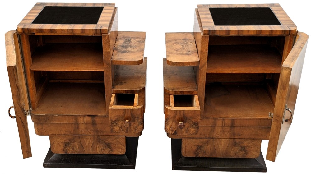 Art Deco Spectacular Pair of Italian Walnut Bedside Table Nightstands, c1930 View V