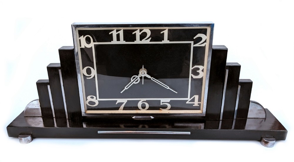 Art Deco Skyscraper Chrome & Ebonized Mantle Clock, English, circa 1930