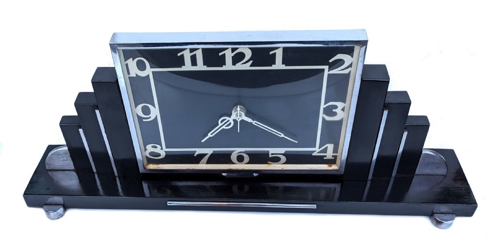 Art Deco Skyscraper Chrome & Ebonized Mantle Clock, English, circa 1930 View II