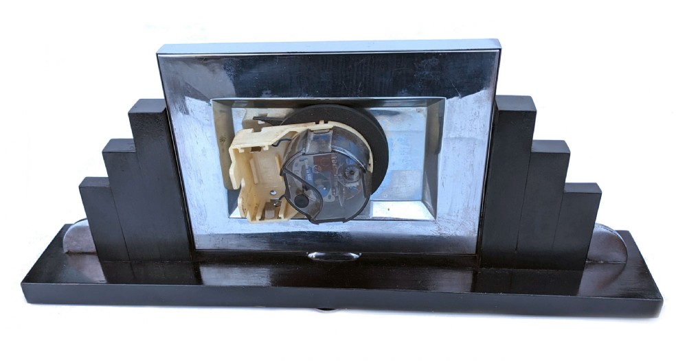 Art Deco Skyscraper Chrome & Ebonized Mantle Clock, English, circa 1930 View IV