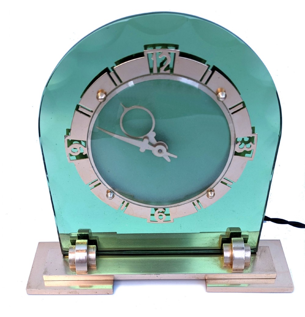 Art Deco Glamourous Green Mirror & Brass Clock, English, c1930