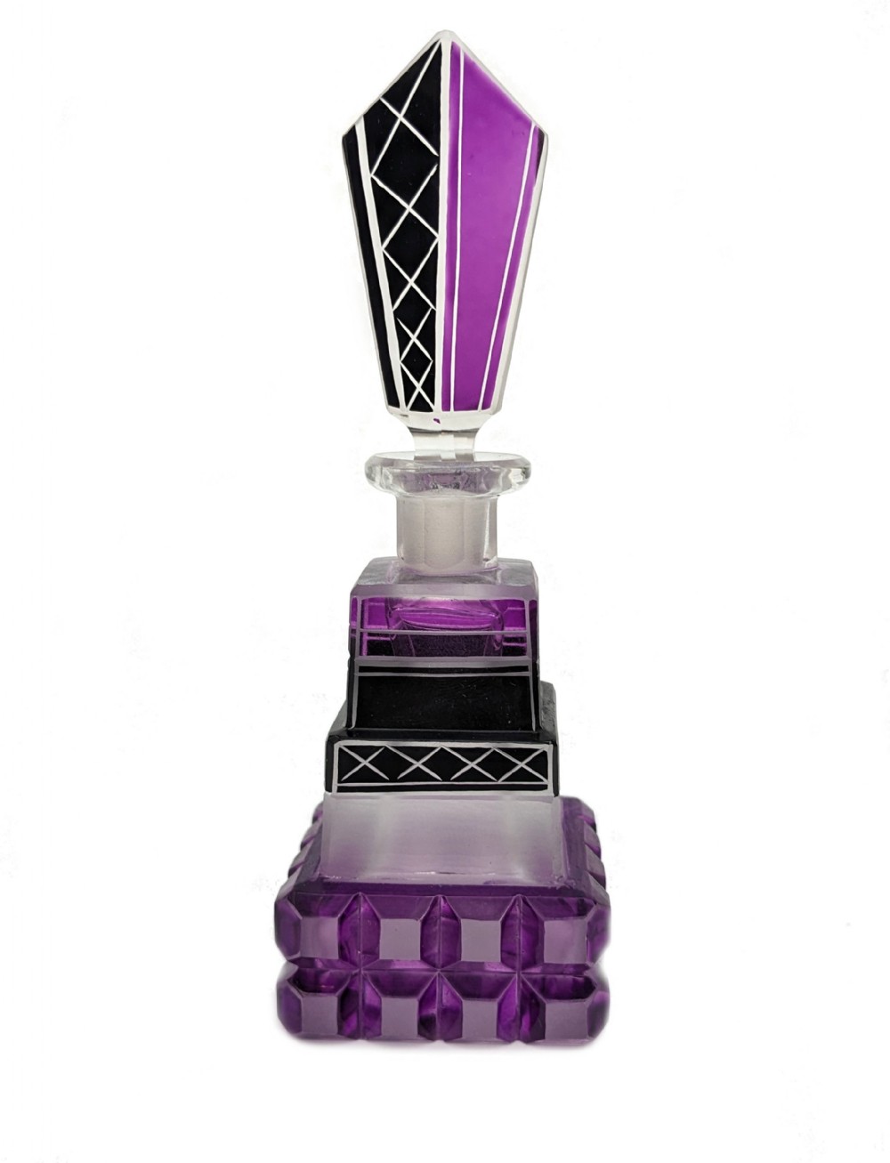 Art Deco Cut Glass & Enamel Ladies Perfume Bottle, c1930