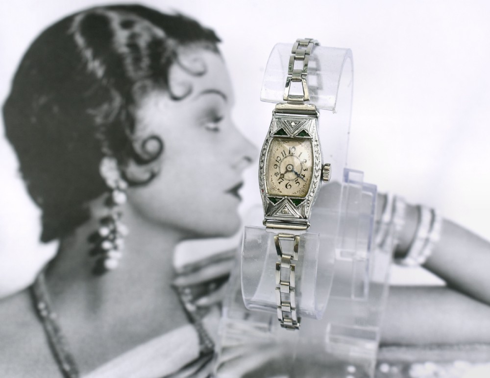 Art Deco Ladies White Gold Filled Watch With Emeralds, Serviced, c1928