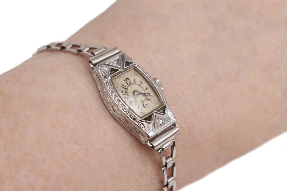 Art Deco Ladies White Gold Filled Watch With Emeralds, Serviced, c1928 View II