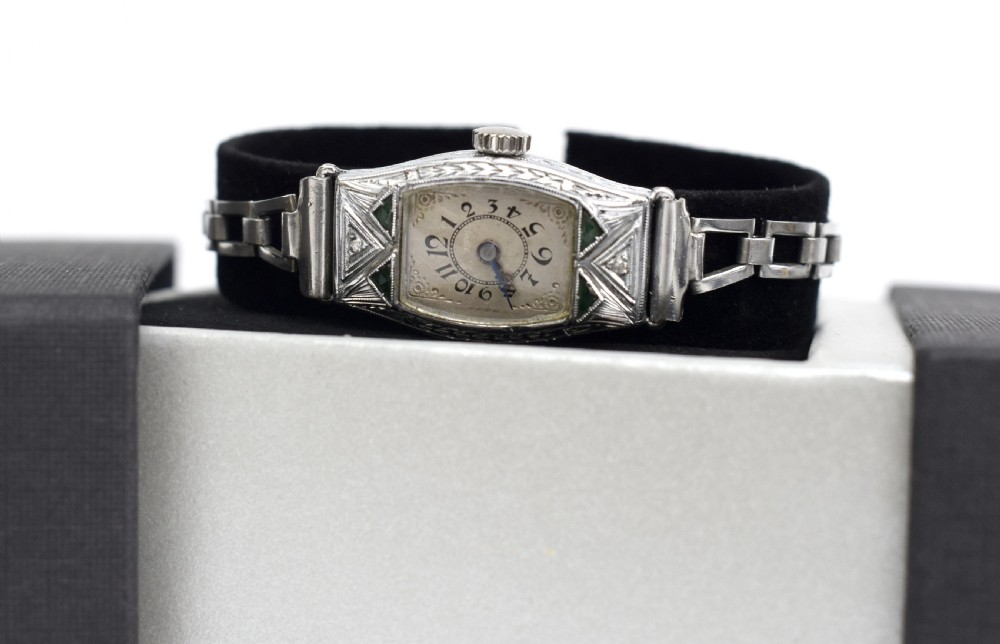 Art Deco Ladies White Gold Filled Watch With Emeralds, Serviced, c1928 View IV